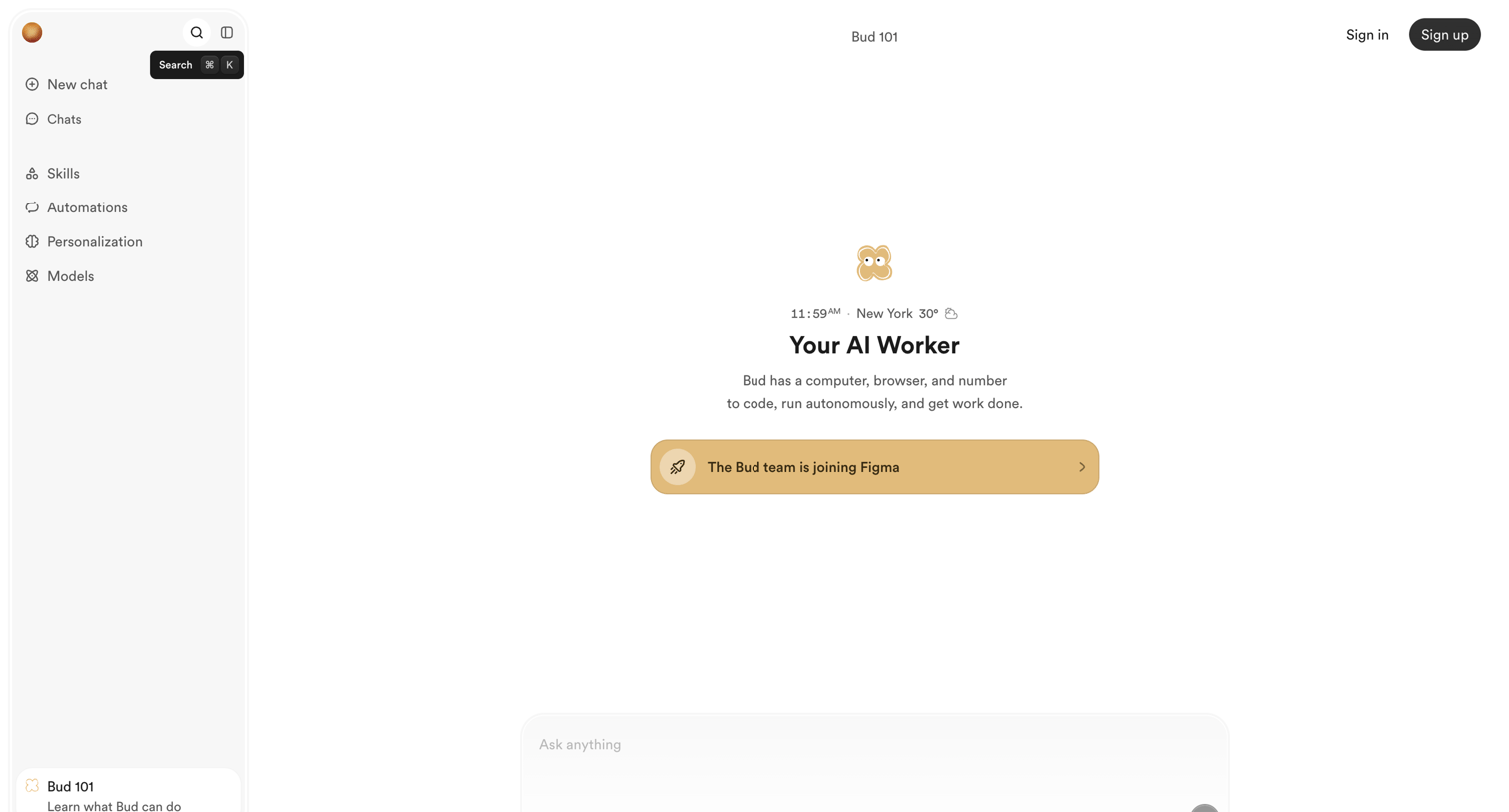 Bud - Bud - Your AI Worker - hover: Search screen