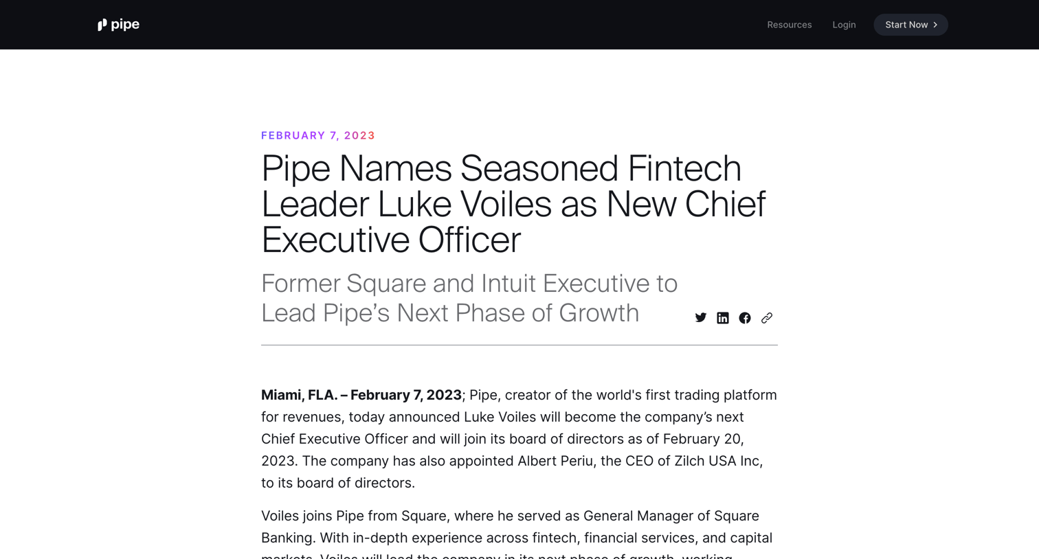 Pipe - Pipe Names Seasoned Fintech Leader Luke Voiles as New Chief Execu screen