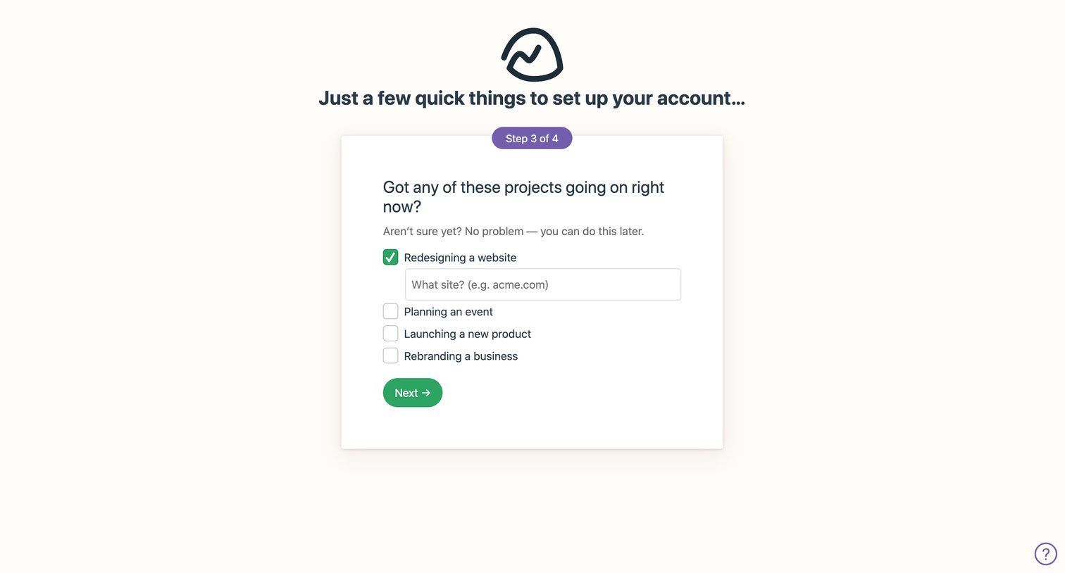 Basecamp - Just a few quick things to set up your account… screen