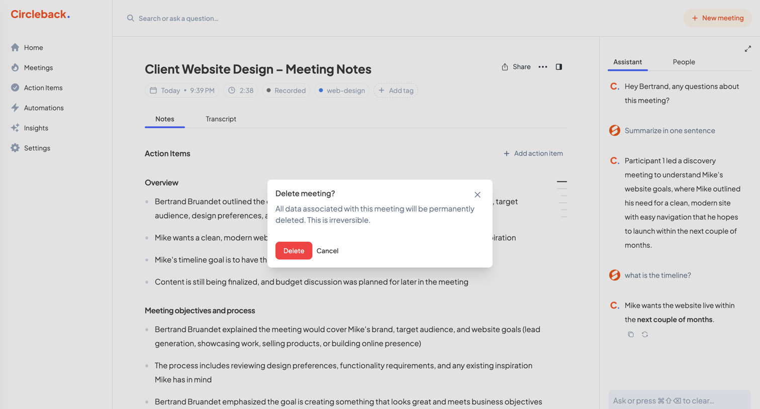 Circleback - Client Website Design – Meeting Notes - Circleback screen
