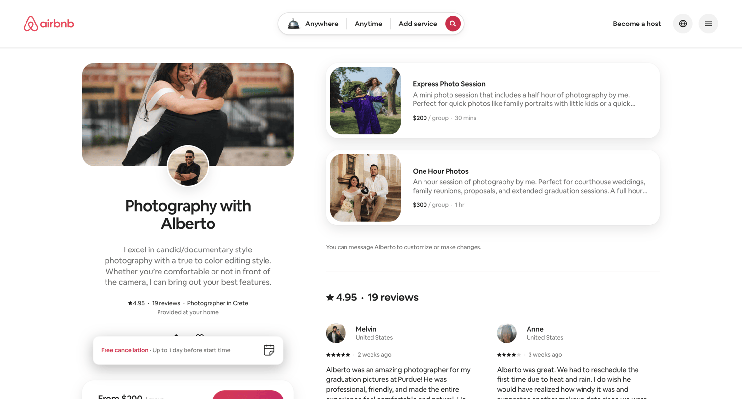 Airbnb - Photography with Alberto · ★4.95 screen