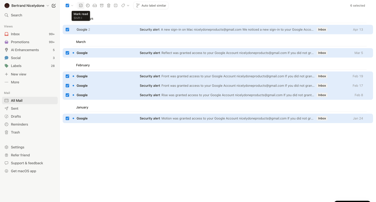 Notion Mail - All Mail • nicelydoneproducts@gmail.com • Notion Mail screen