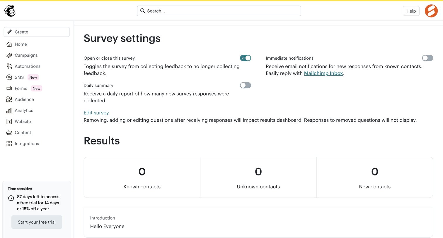 Mailchimp - Survey details | Mailchimp screen