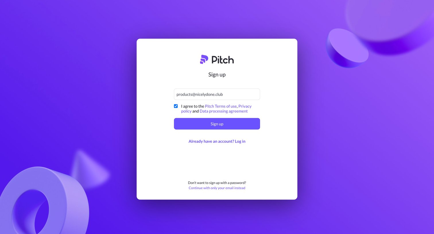 Pitch - Login to Pitch screen