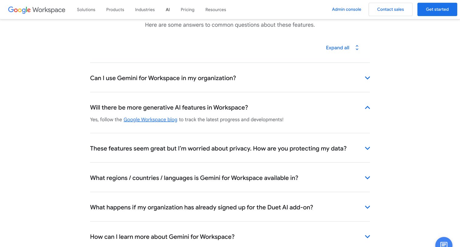 Gemini - Gemini for Google Workspace | Gen AI Tools for Business screen