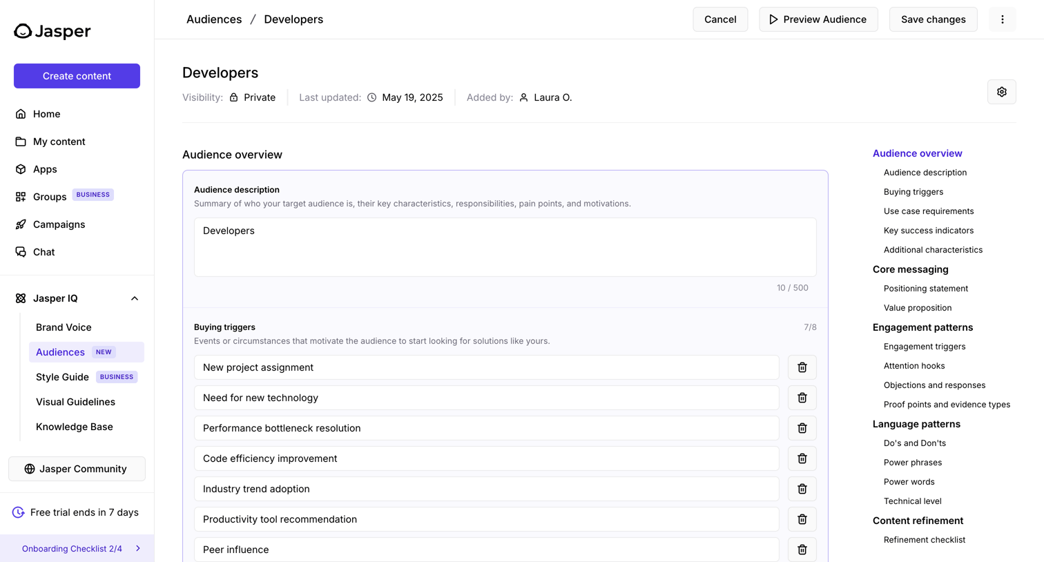 Jasper - Developers - Audiences - Jasper screen