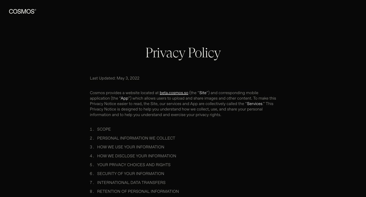Cosmos - Privacy Policy • Cosmos screen