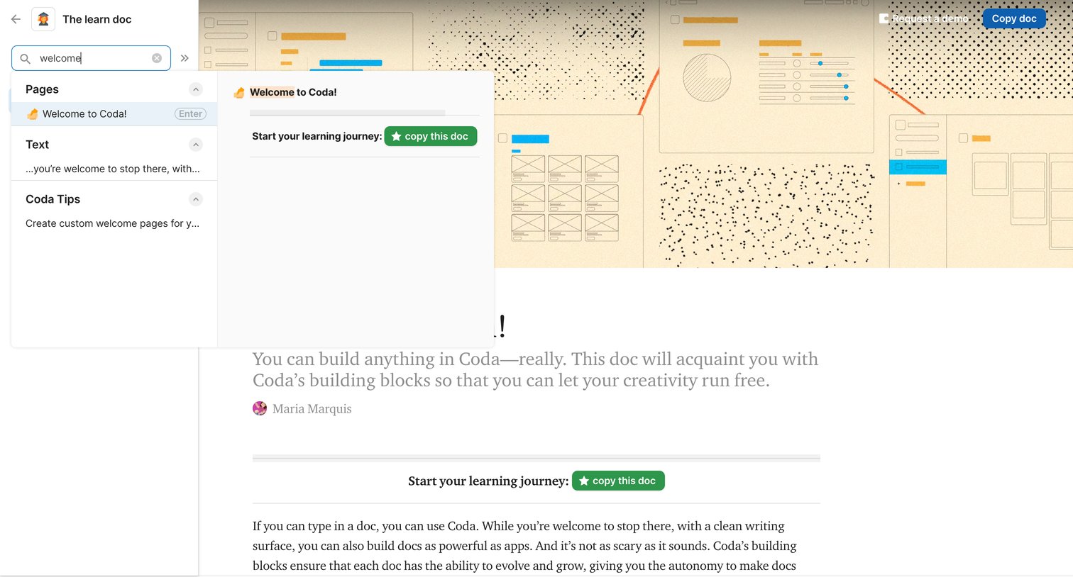 Coda - Learn Coda, the Coda learning doc, Coda tutorial - Coda screen