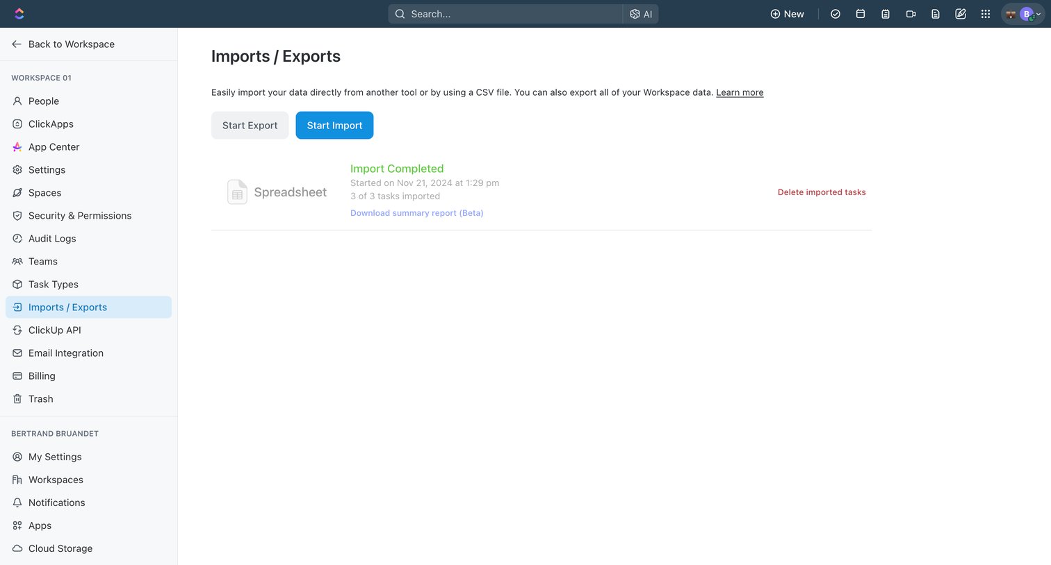 Import Settings | Workspace 01 from ClickUp