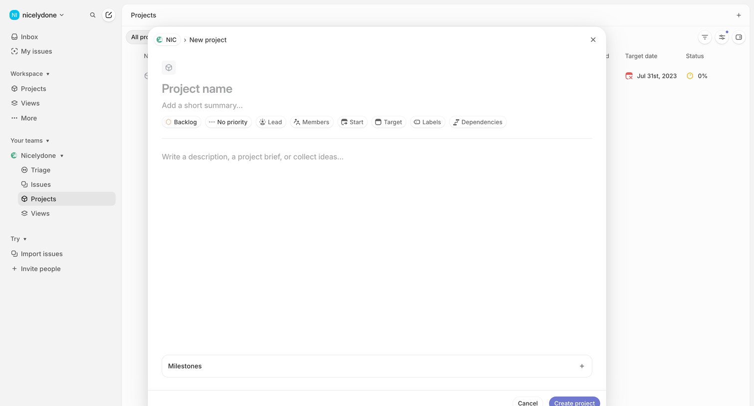 Linear - Nicelydone › Projects screen