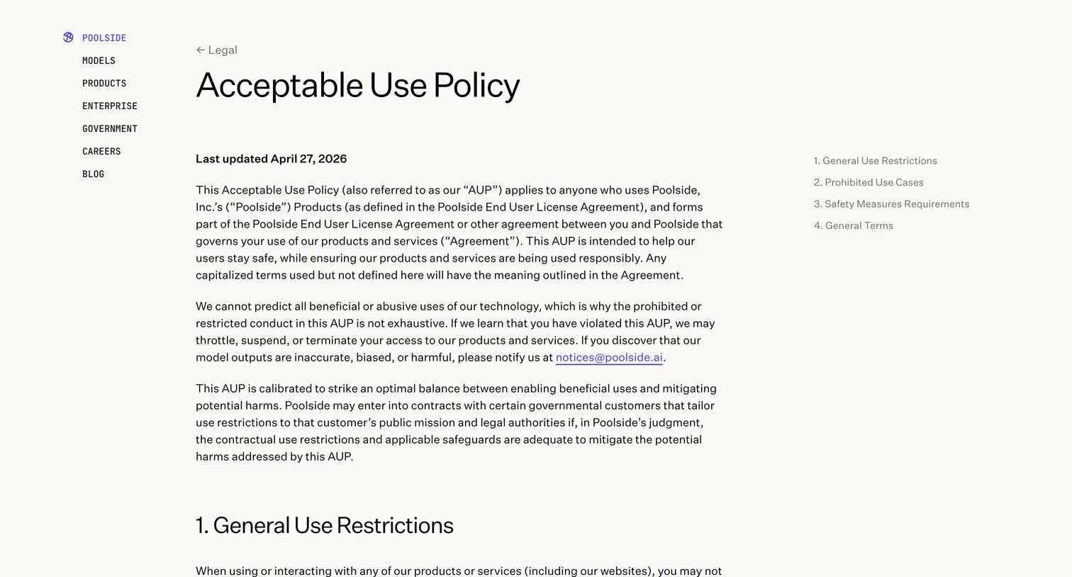 Poolside - Acceptable Use Policy — Poolside screen