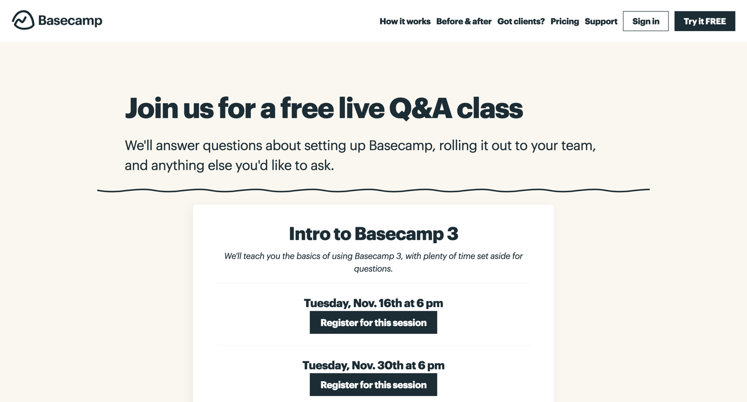 Basecamp - Learn Basecamp Live screen