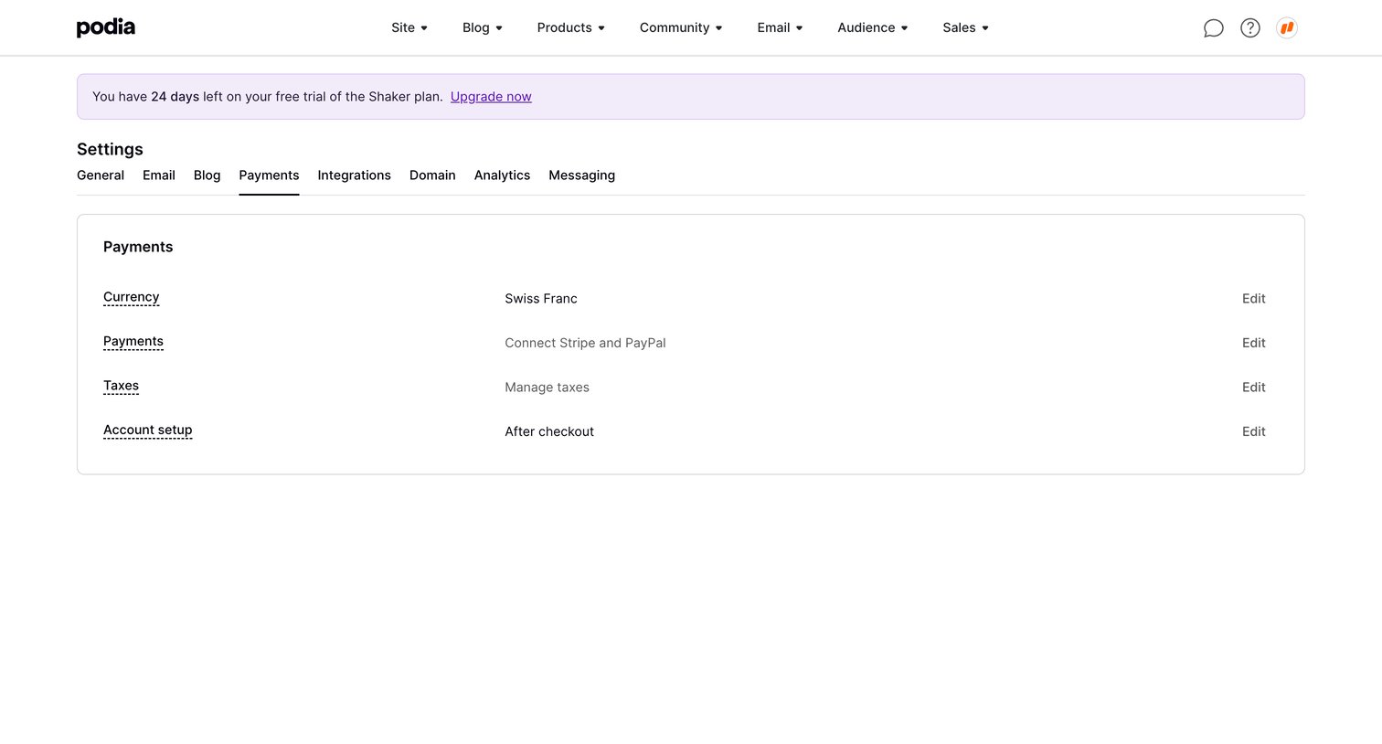 Podia - Podia Payment settings screen