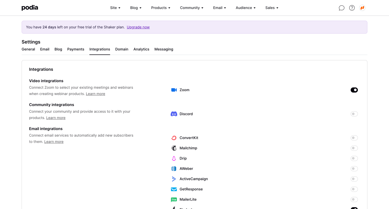 Podia - Podia Integration settings screen