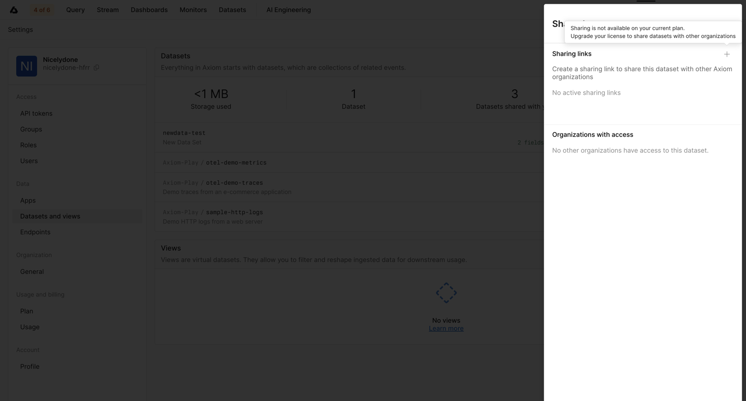 Axiom - Datasets and Views - Settings - Axiom screen