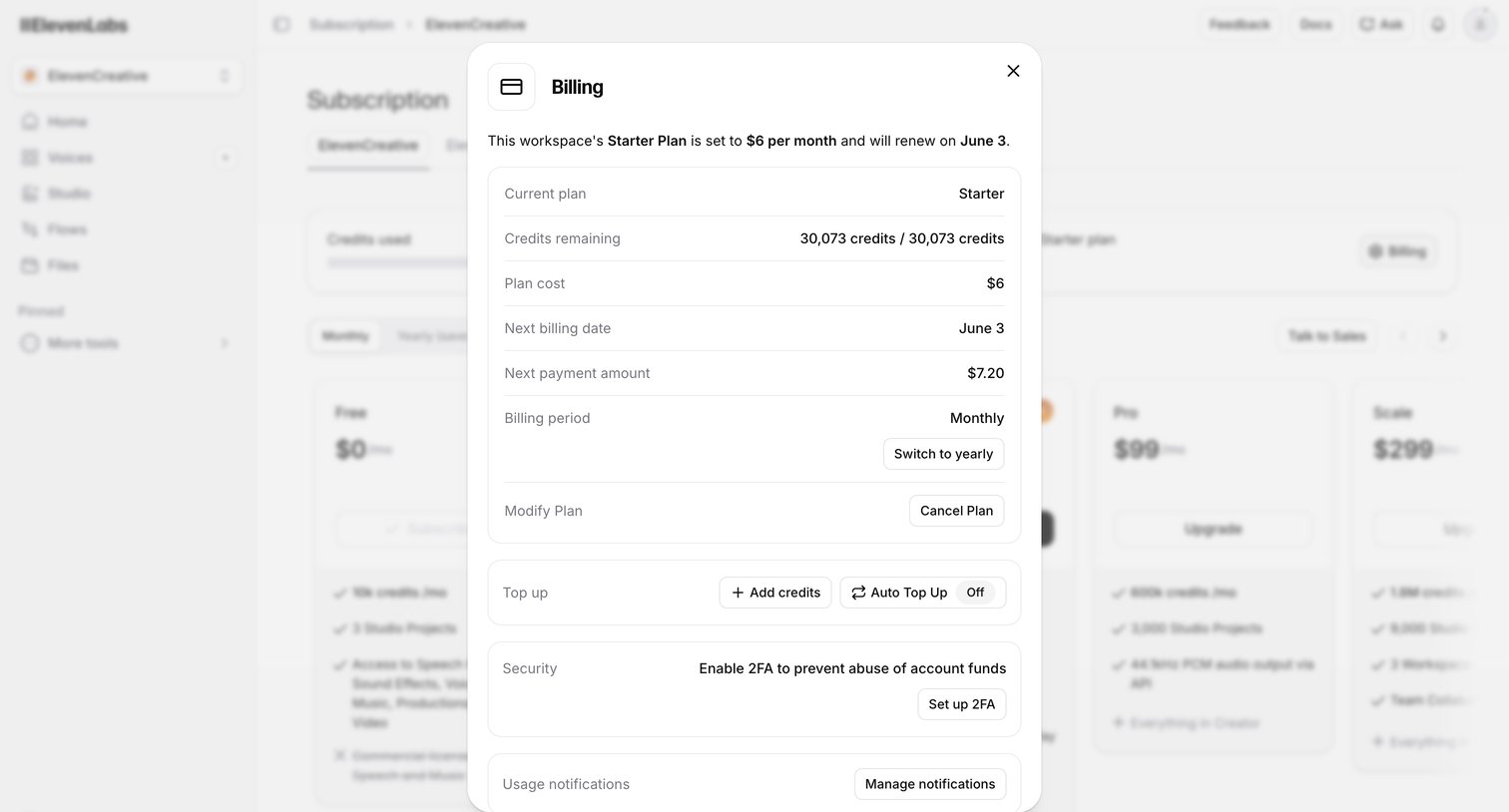Elevenlabs - Subscription | ElevenLabs screen