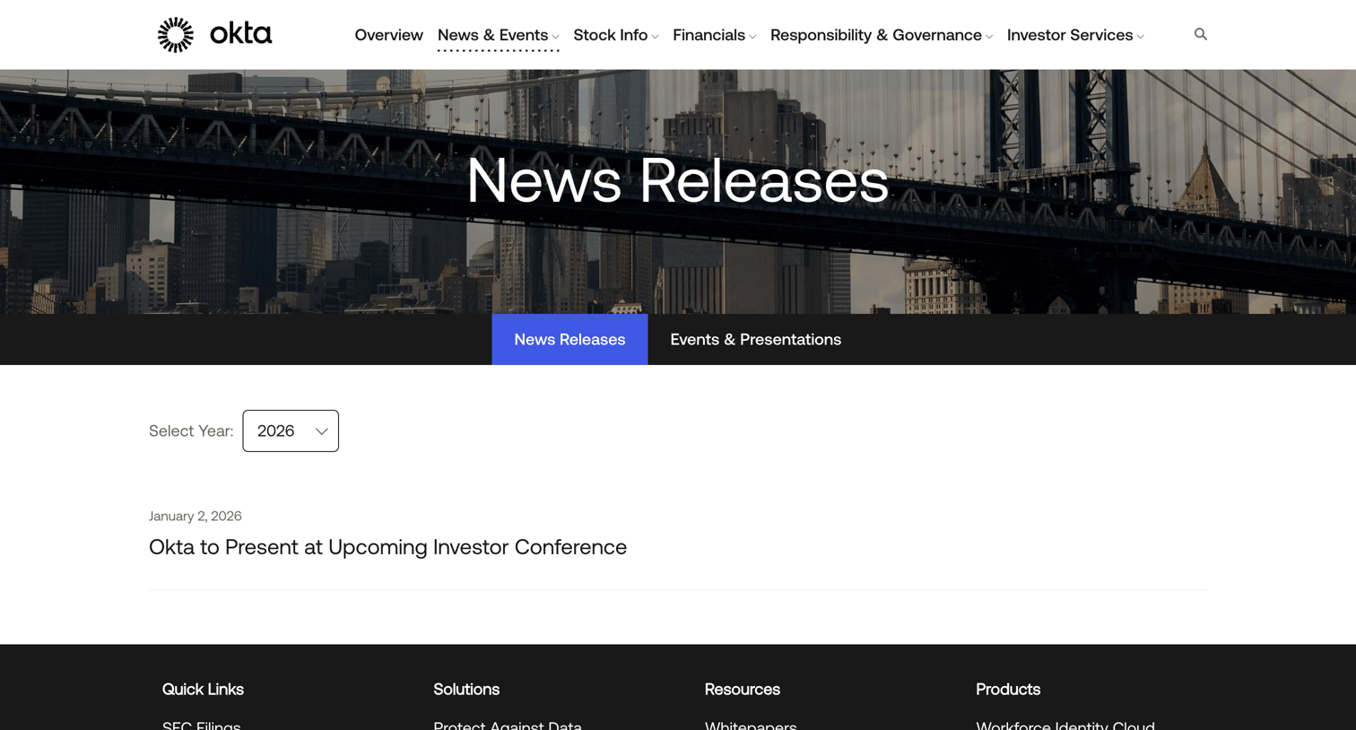 Okta - Okta Inc. - News & Events - News Releases screen