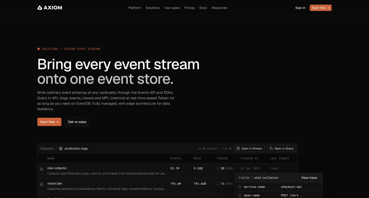 Axiom - Bring every event stream onto one event store - Axiom screen