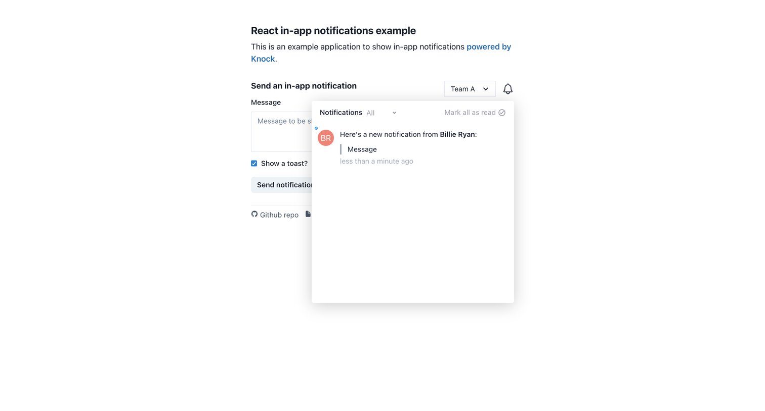 Knock - React in-app notifications example | Powered by Knock screen