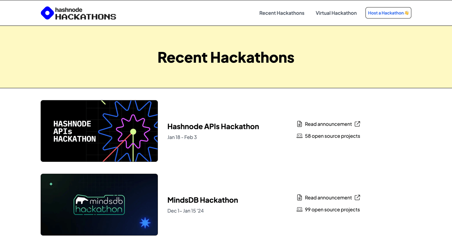 Hashnode - Recent developer hackathons — Hashnode screen