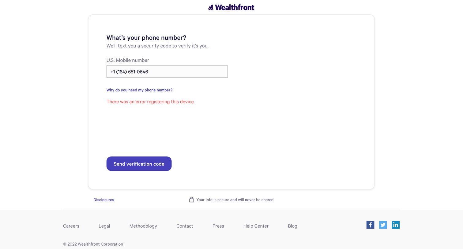 Wealthfront - Two-factor Verification - Wealthfront screen