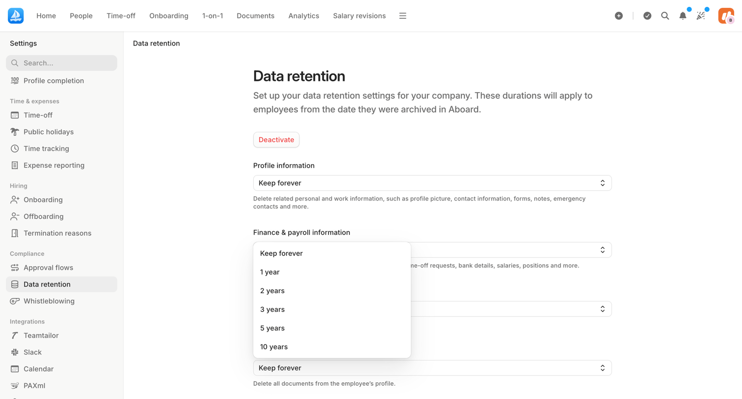 Aboard - Data retention | Settings | Aboard screen