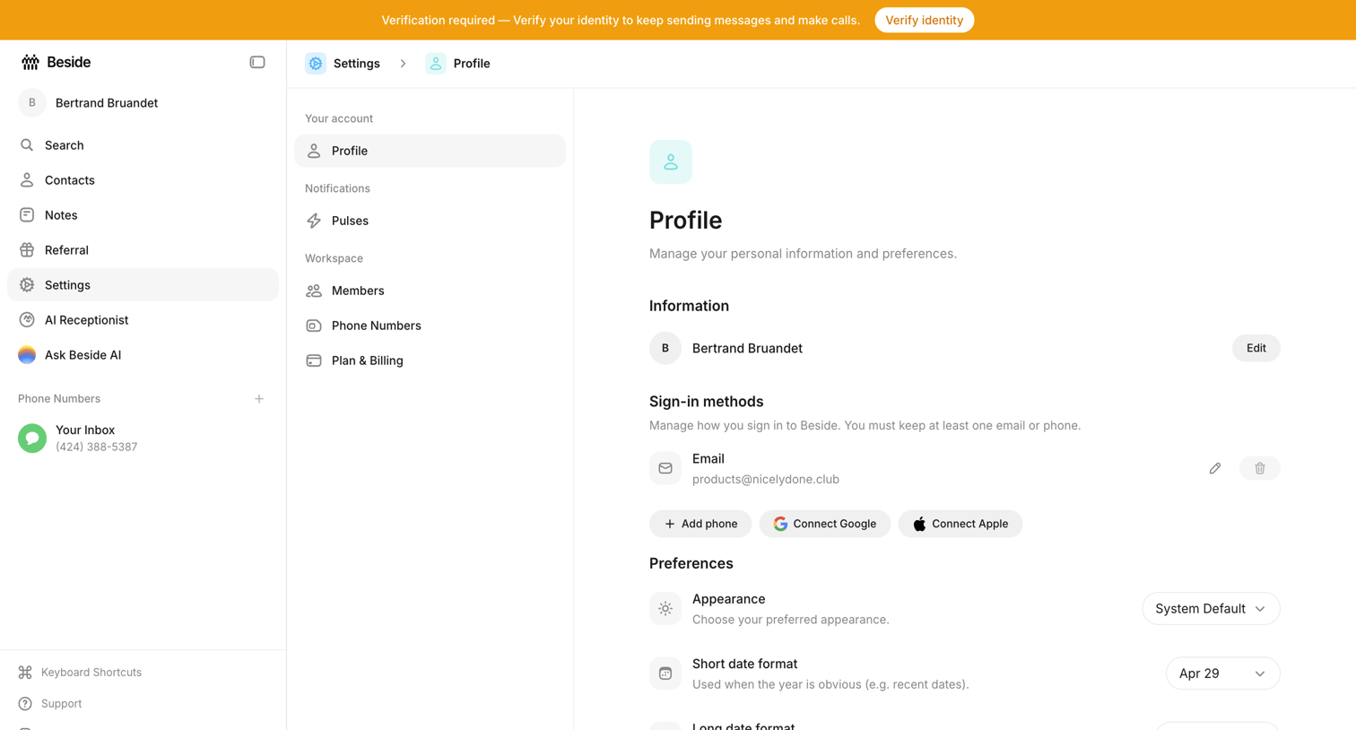 Beside - Profile - Settings - Beside screen