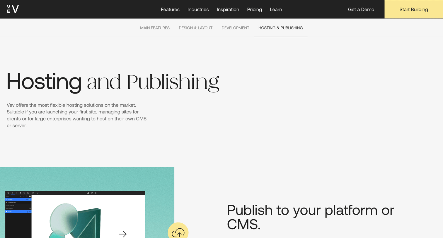 Vev - Features Hosting and publishing screen