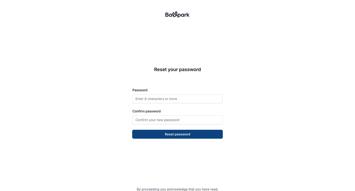 Ballpark - Set new password | Ballpark screen