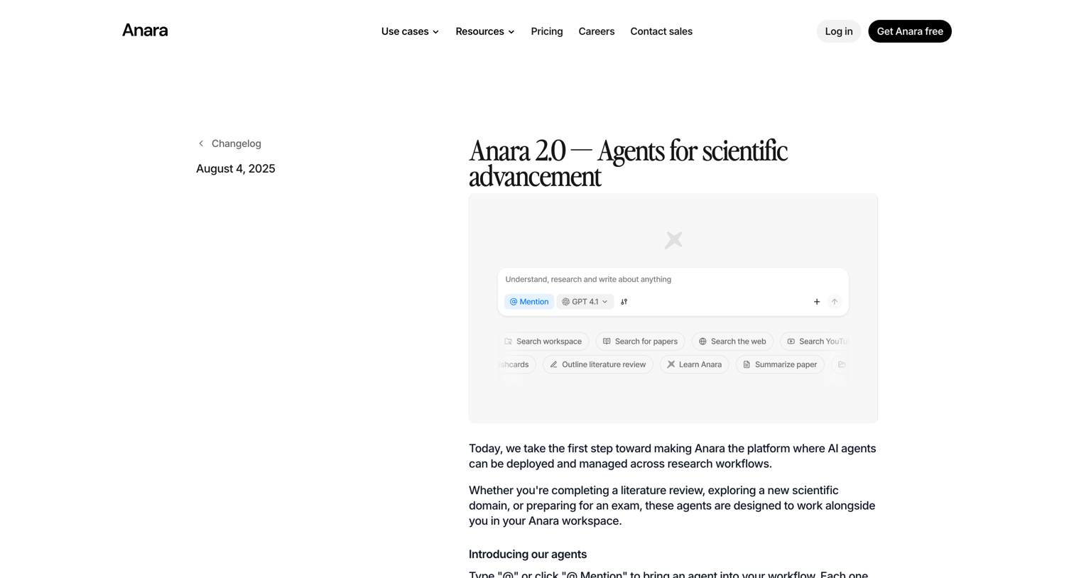Anara - Anara 2.0 — Agents for scientific advancement  Anara Changelog screen
