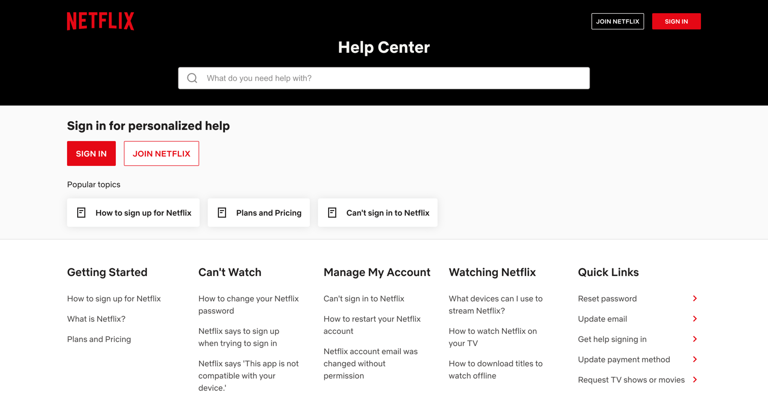 Netflix - Netflix Help Center screen