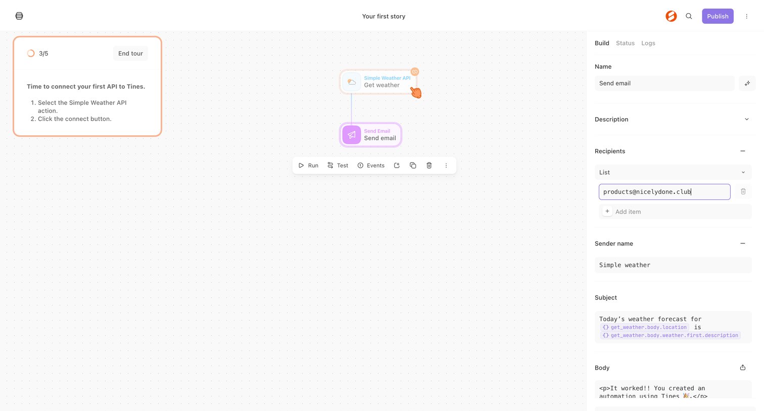Tines - Your first story - Tines screen