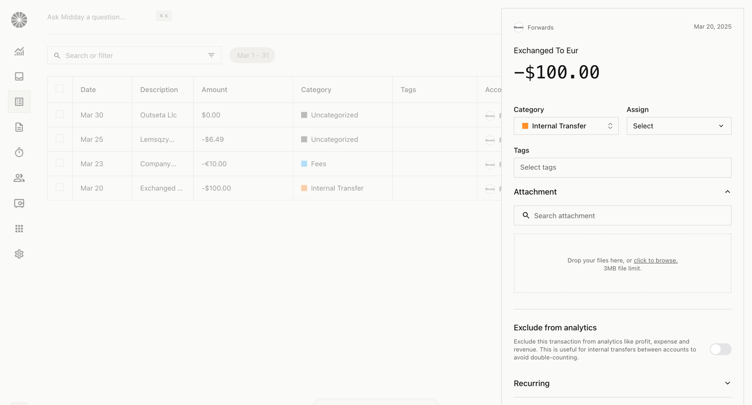 Midday - Transactions | Midday screen