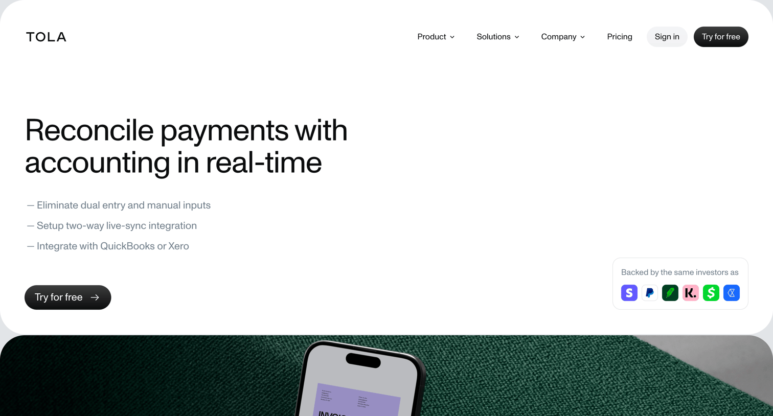 Tola - Tola - Accounts payable, accounts receivable and cash flow manage screen