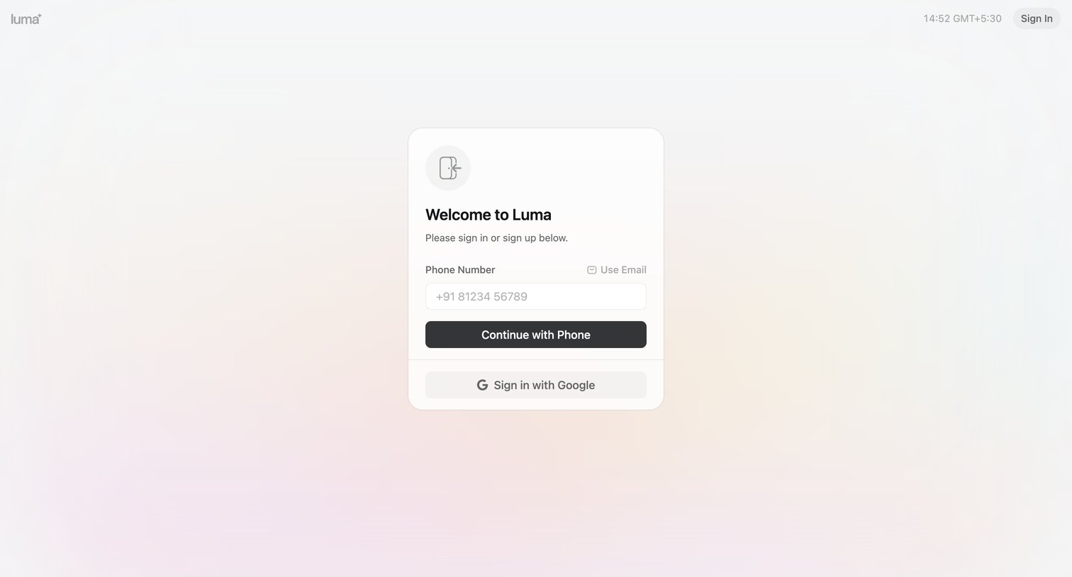 Luma - Sign In · Luma screen