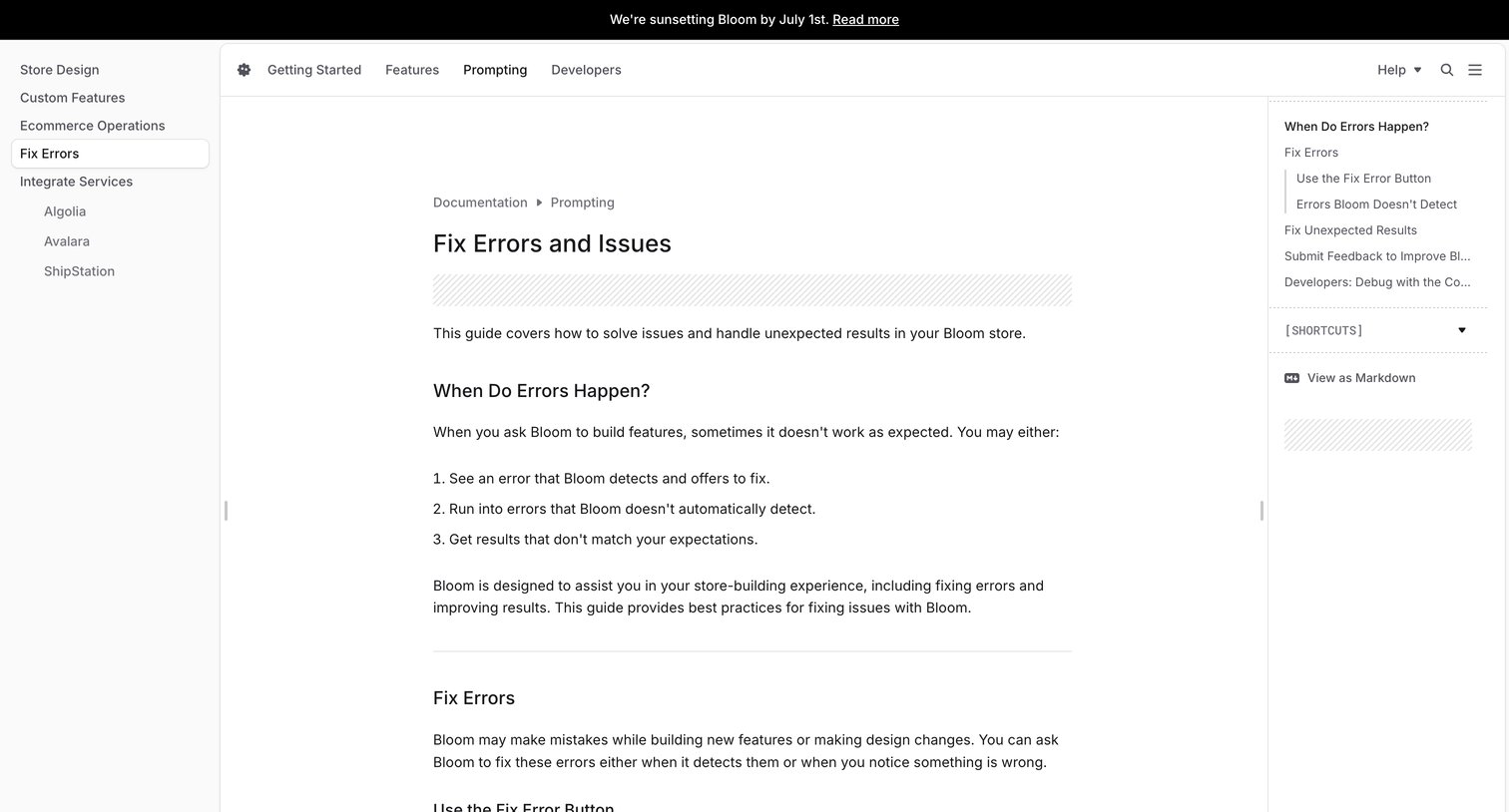 Bloom - Fix Errors and Issues - Bloom Documentation screen