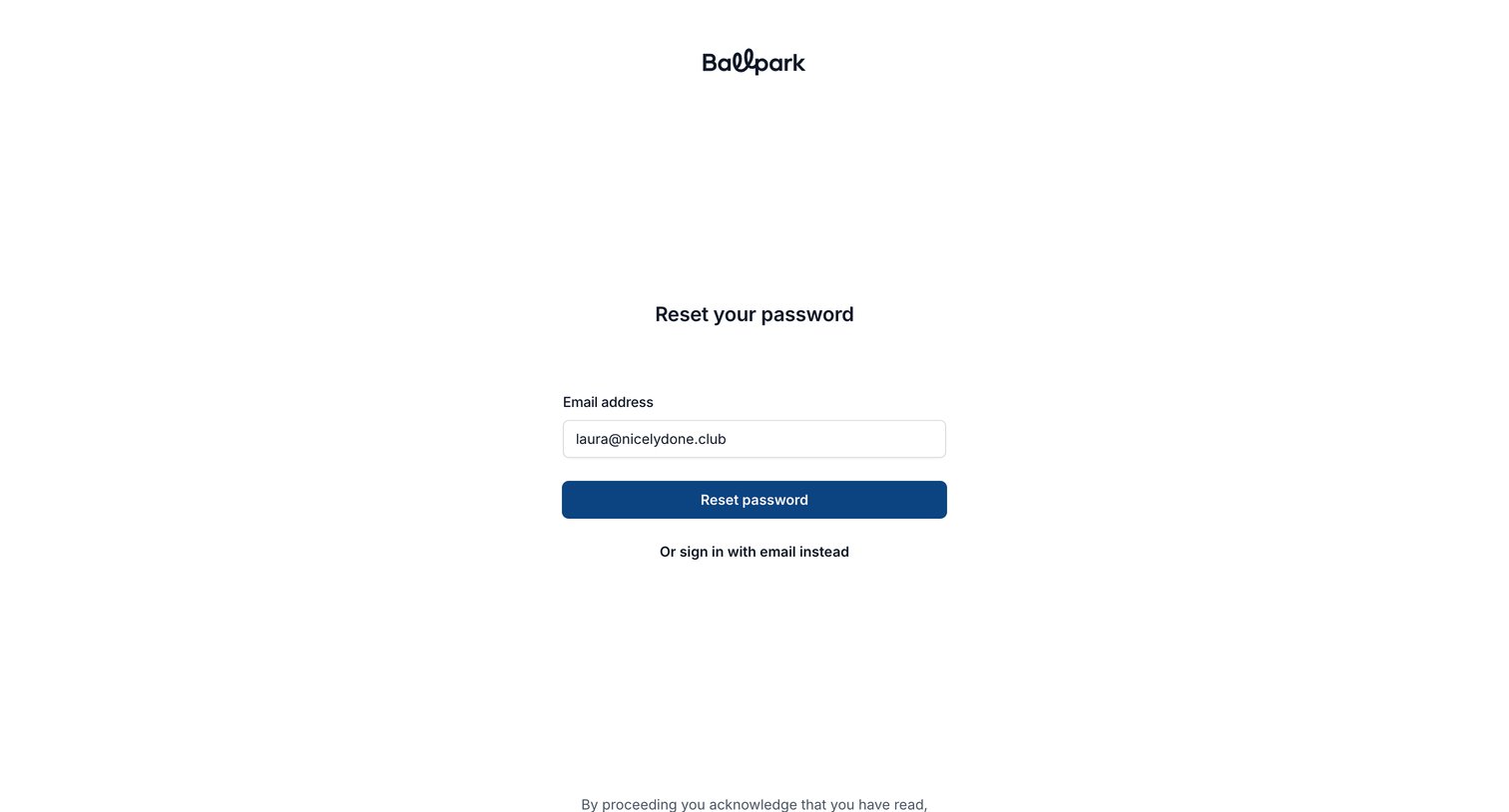 Ballpark - Reset your password | Ballpark screen