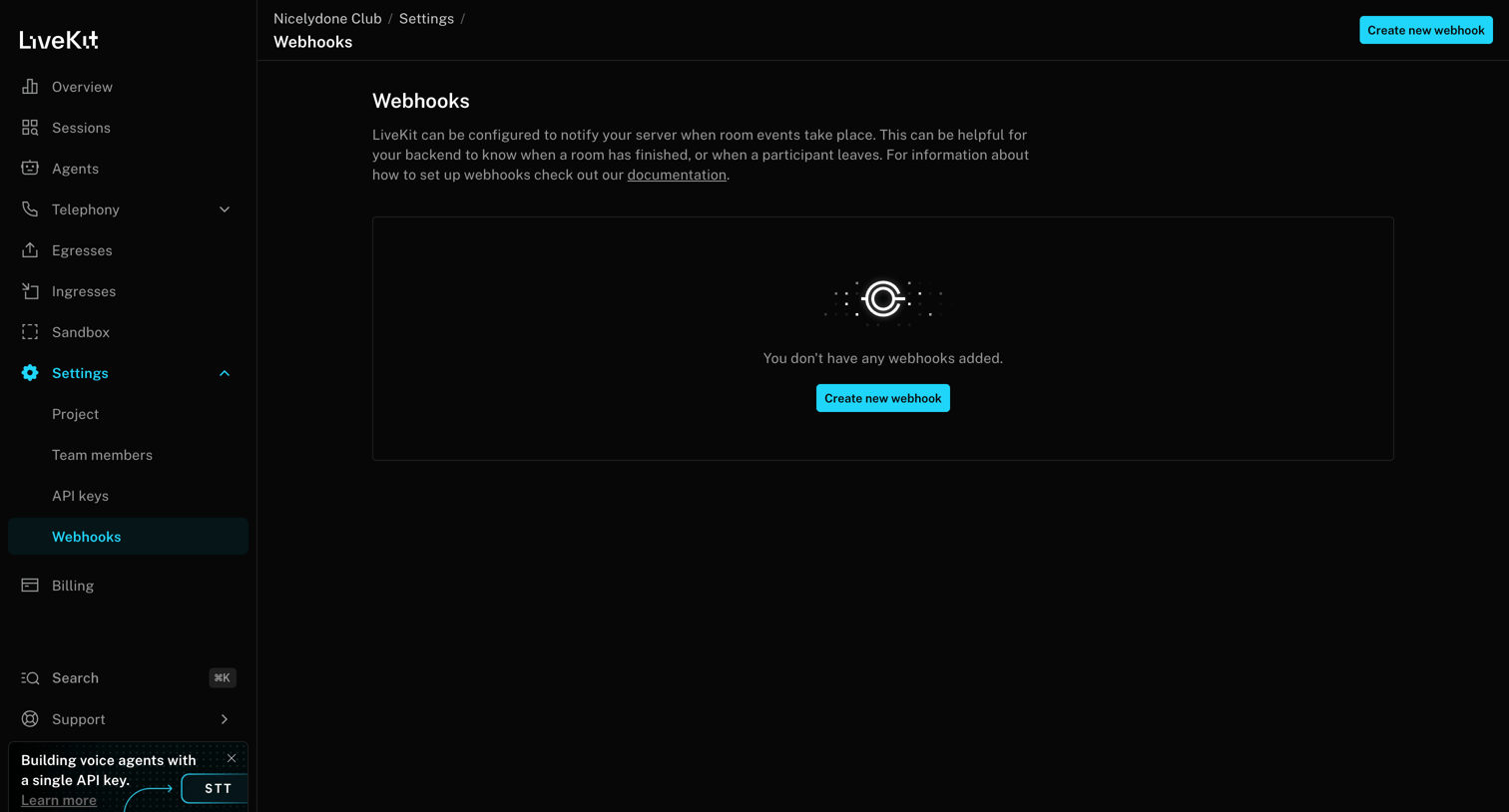 Livekit - Nicelydone Club | Settings | Webhooks screen
