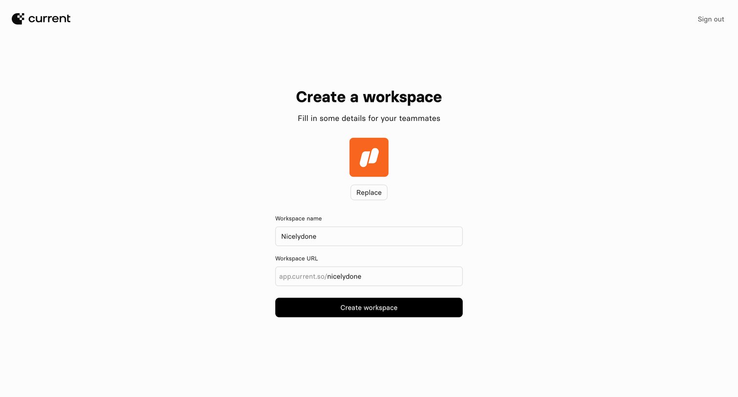 Current - Current — Create Workspace screen