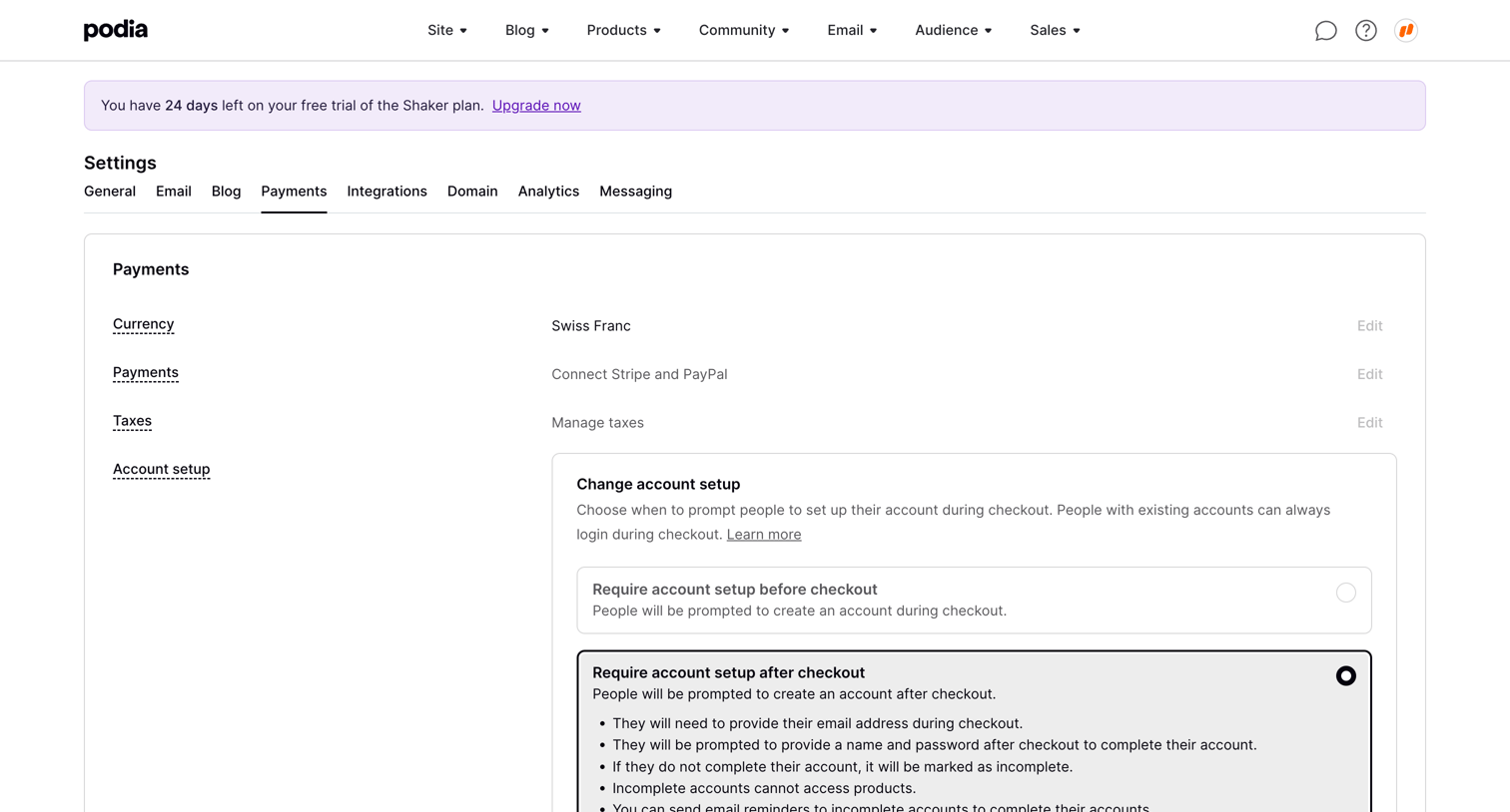 Podia - Podia Payment settings screen