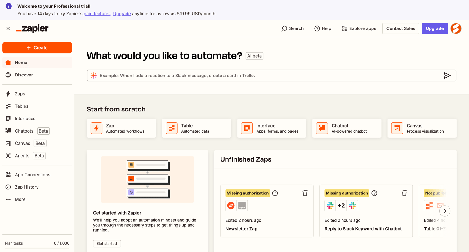 Zapier - Home | Zapier screen