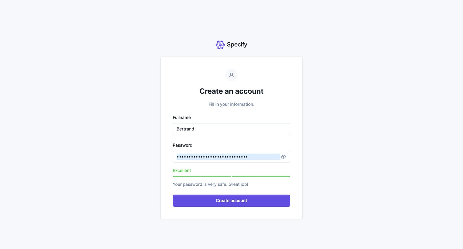 Specify - Specify · Create an account screen