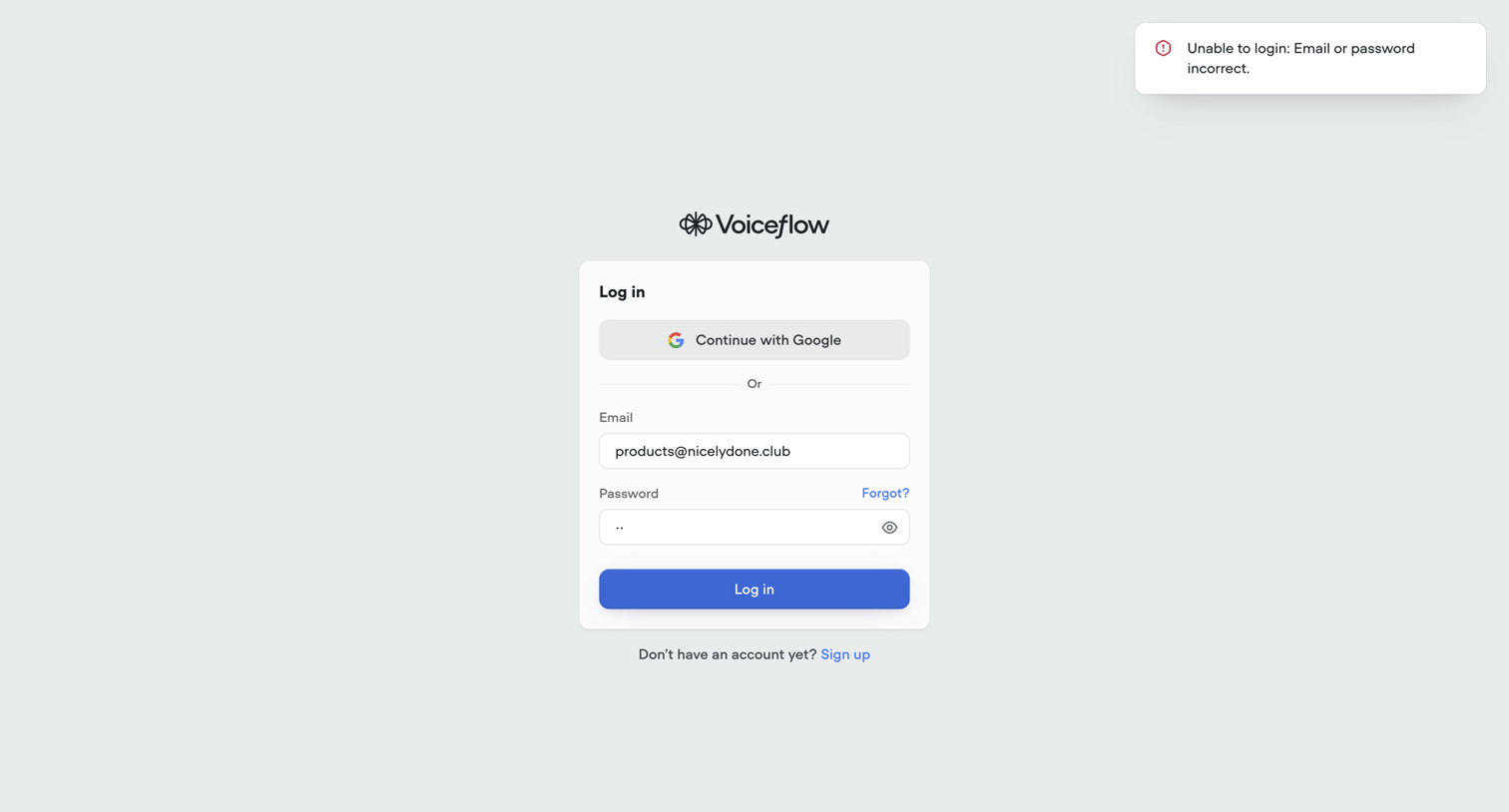 Voiceflow - Voiceflow | Log In to your Account screen
