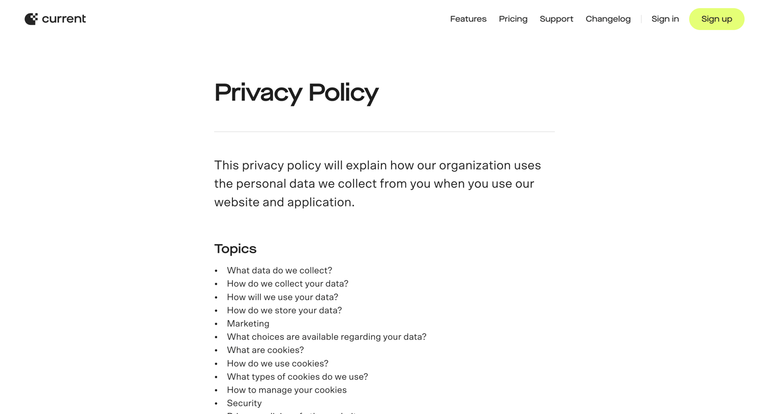 Current - Current - Privacy Policy screen