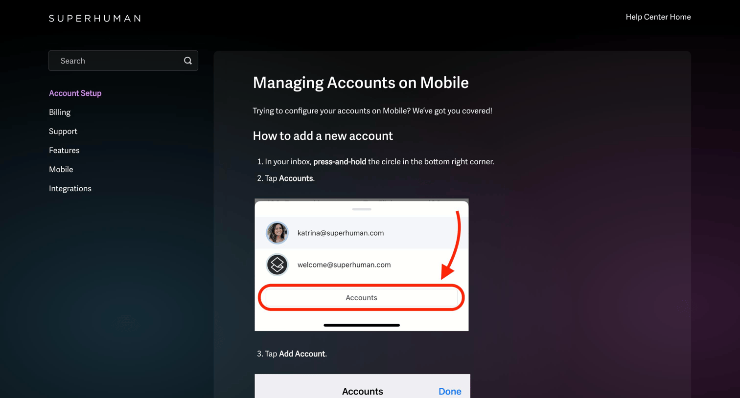 Superhuman - Managing Accounts on Mobile - Superhuman Help Center screen