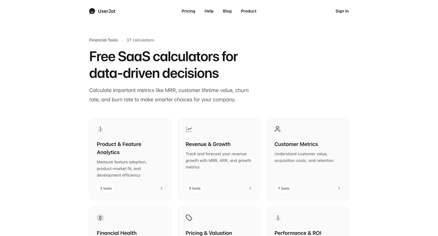 UserJot - Free SaaS Financial Calculators MRR, CLTV, Churn & More  Business Tools - UserJot screen