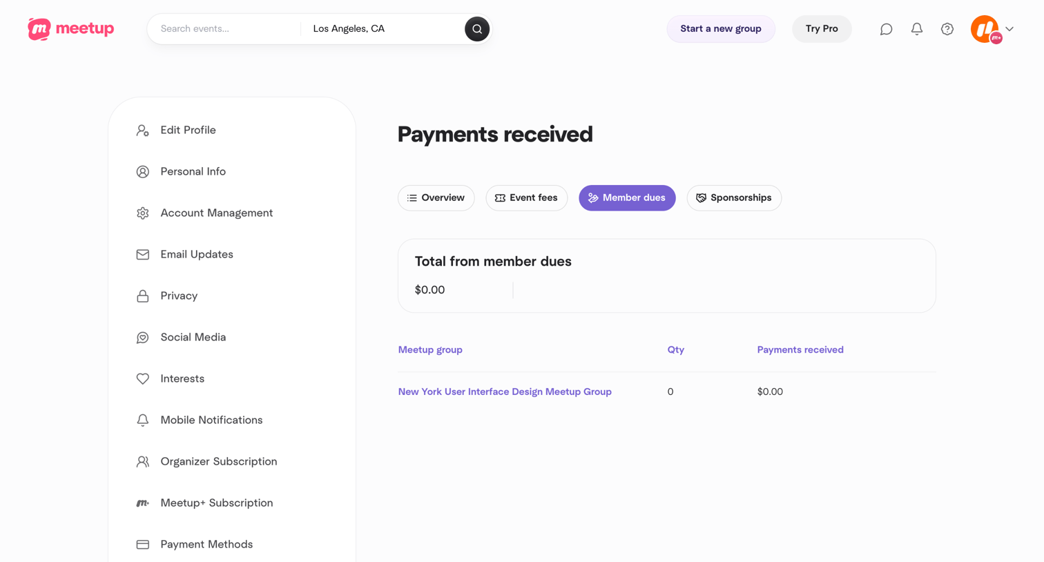 Meetup - Payments received screen