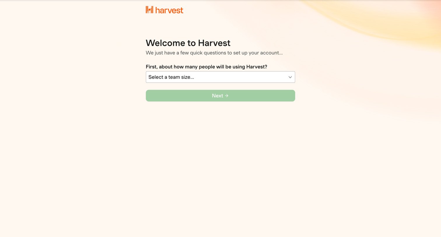 Harvest - Welcome to Harvest screen