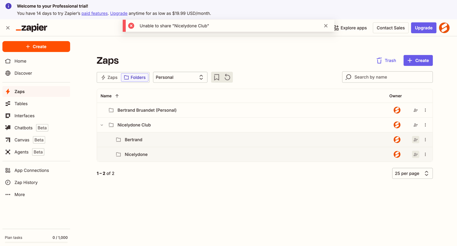 Zapier - Folders | Zapier screen