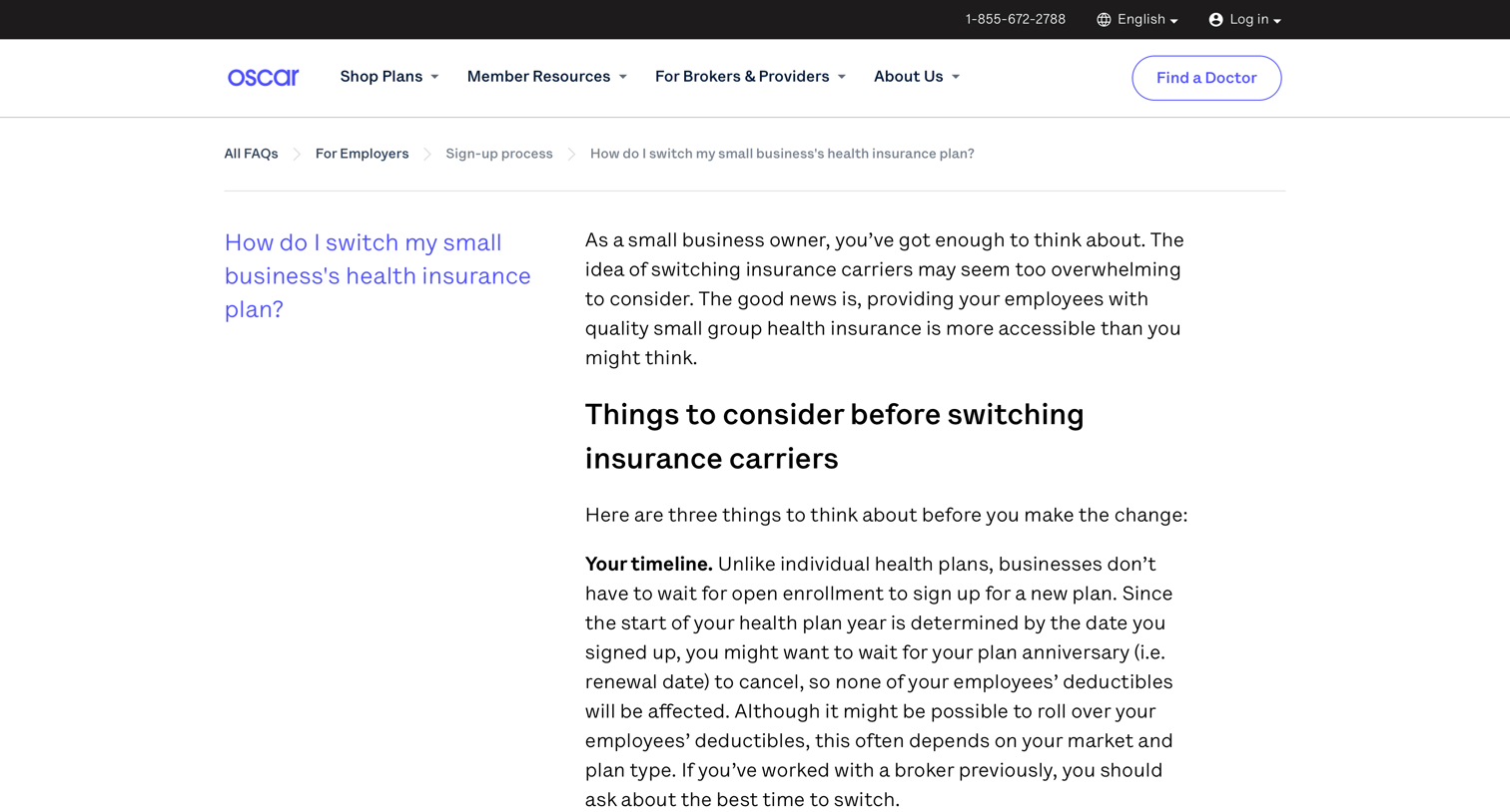 Oscar - How do I switch my small business's health insurance plan? | Oscar FAQ screen